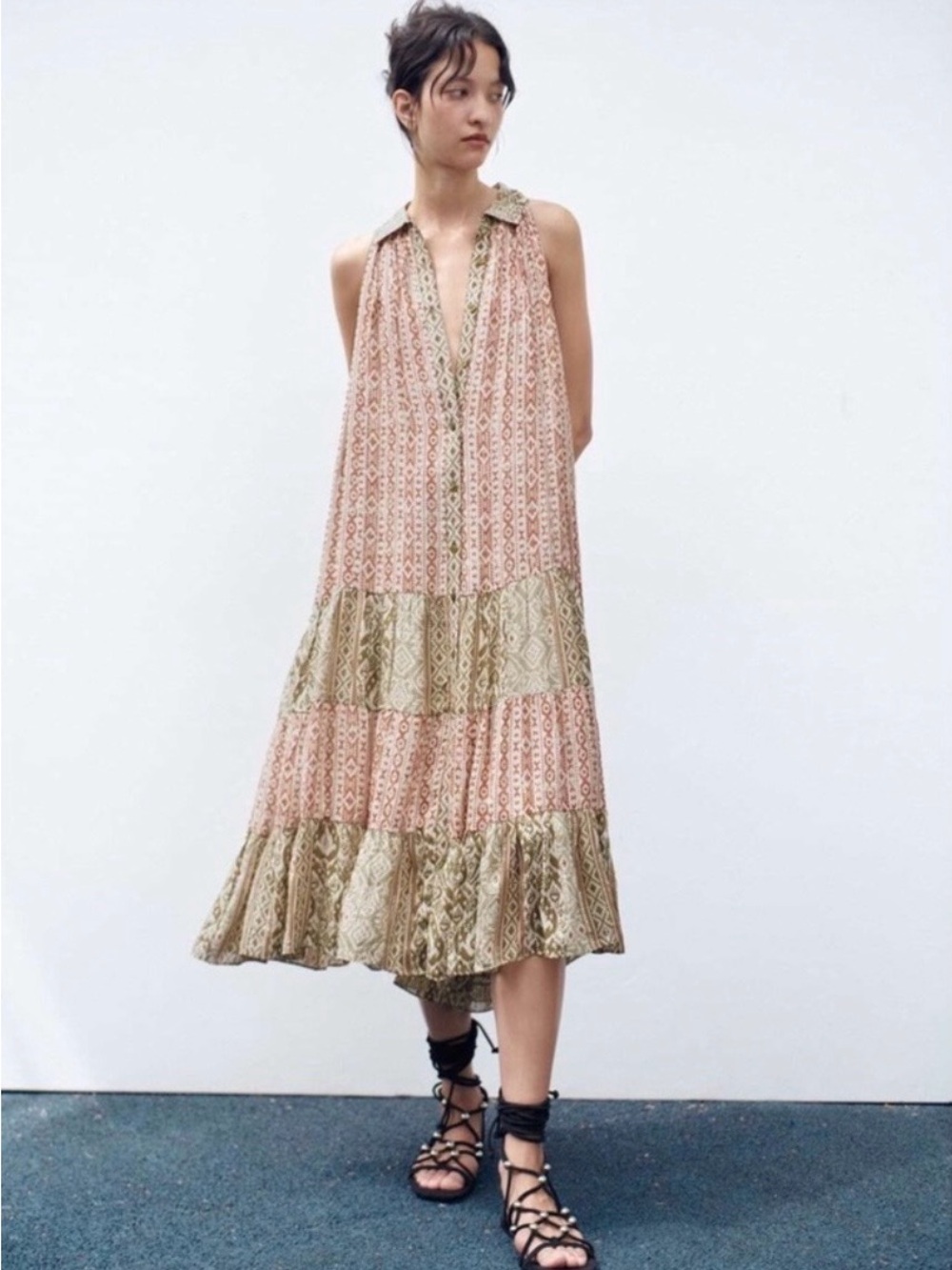 Zara Serena Tribal Dress - Metallic Thread Tiered Maxi Dress Size M